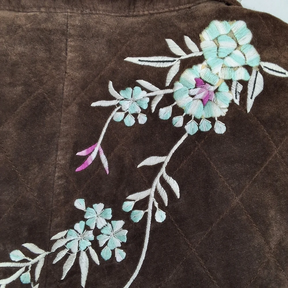 Avanti~Women Suede Leather Quilted Evening Jacket~Floral Embroidery~Brown~2X - Picture 4 of 9